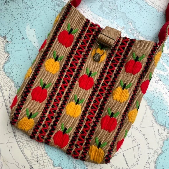 Vintage 60s Apple Embroidered Burlap Bag - Picture 2 of 5